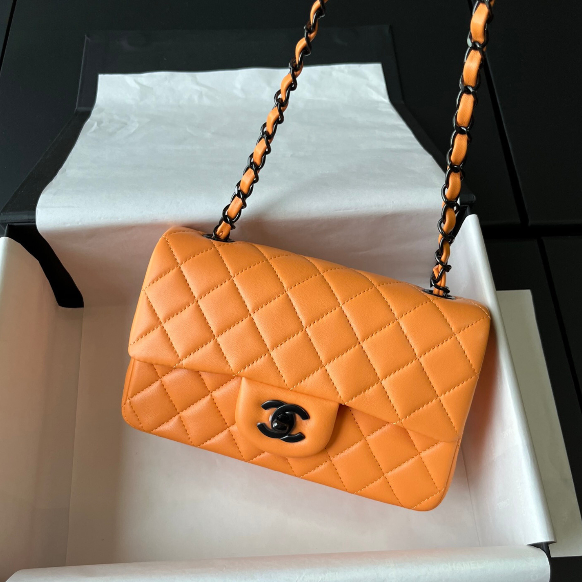 Orange Lambskin Black Hardware Mini Flap Bag CNL - Level X