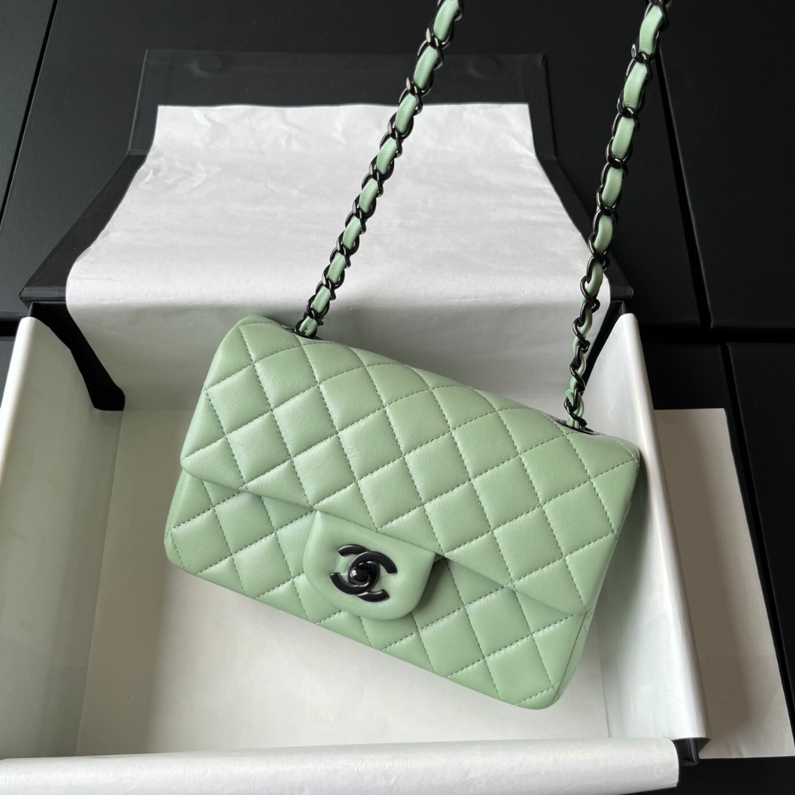 Green Lambskin Black Hardware Mini Flap Bag CNL - Level X