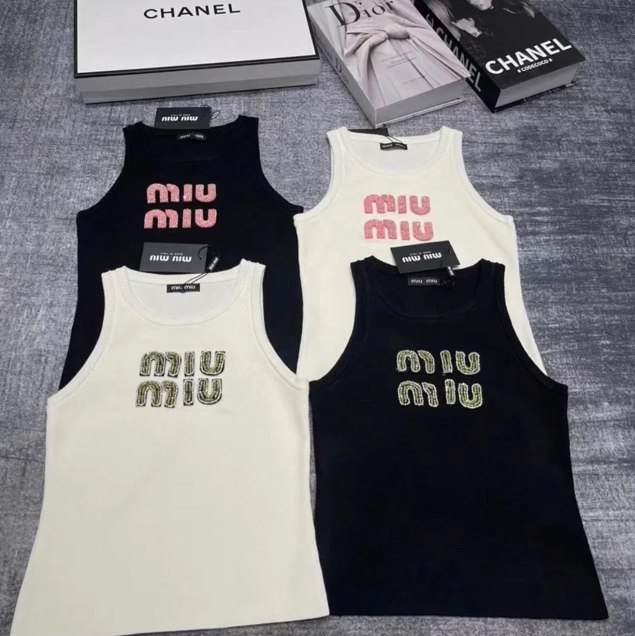 Beaded Embroidery Ribbed Cotton Tank Top