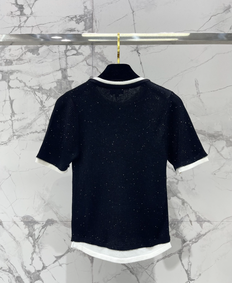 Rhinestone Contrast Knit T Shirt