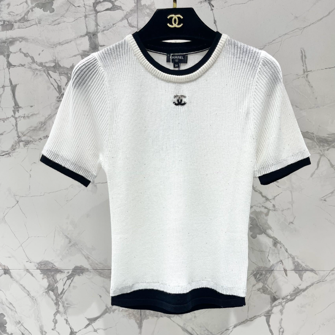 Rhinestone Contrast Knit T Shirt
