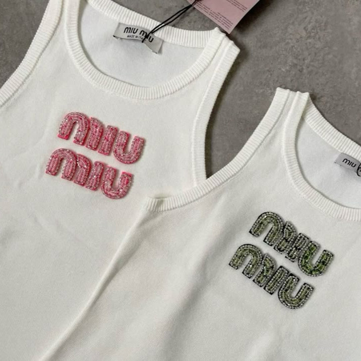 Beaded Embroidery Ribbed Cotton Tank Top