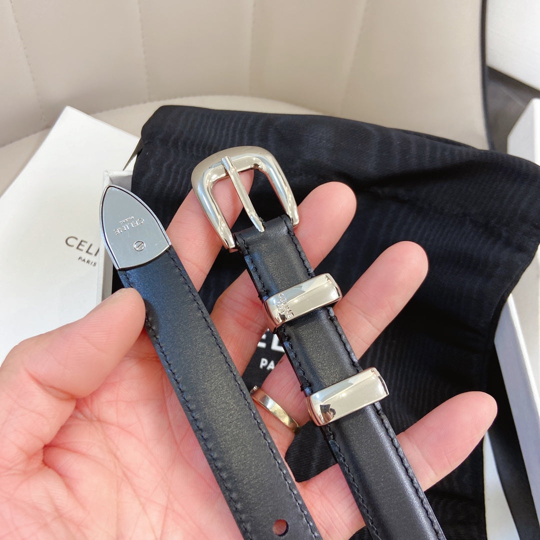 Small Western 1.8cm Black Leather Belt Silver Buckle