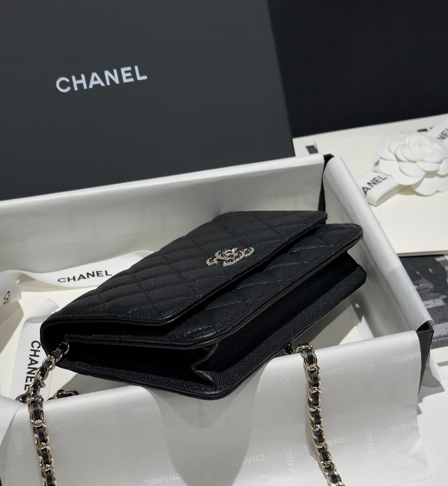 Diamond Black Caviar Leather Wallet On Chain - Level 5
