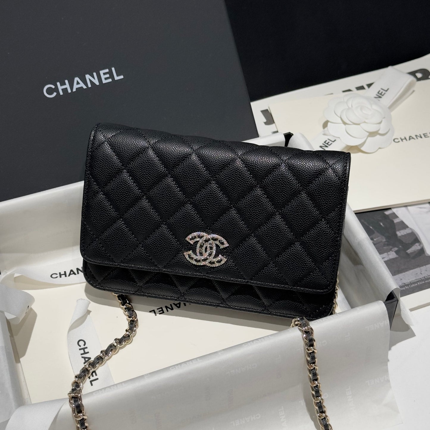 Diamond Black Caviar Leather Wallet On Chain - Level 5