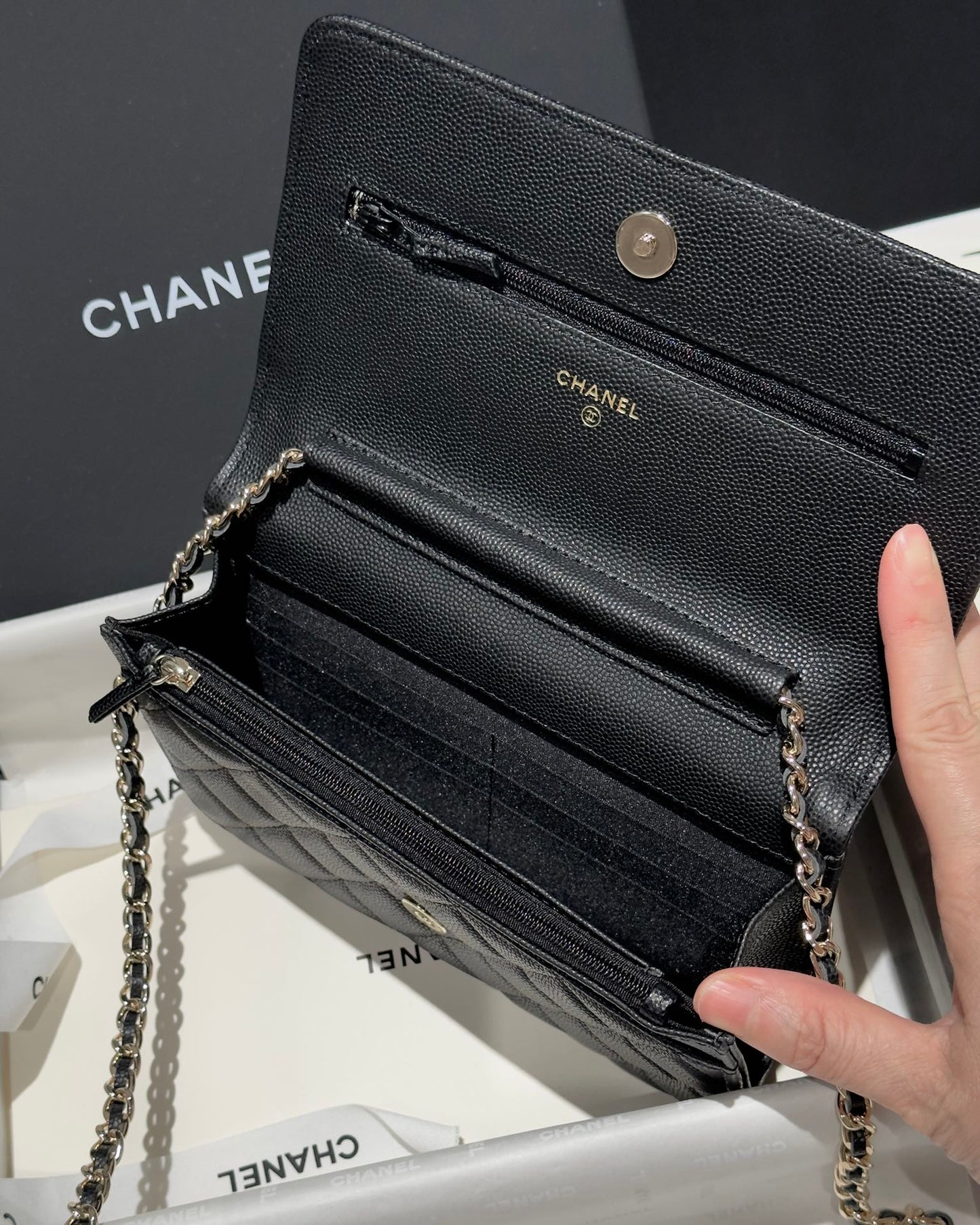 Diamond Black Caviar Leather Wallet On Chain - Level 5
