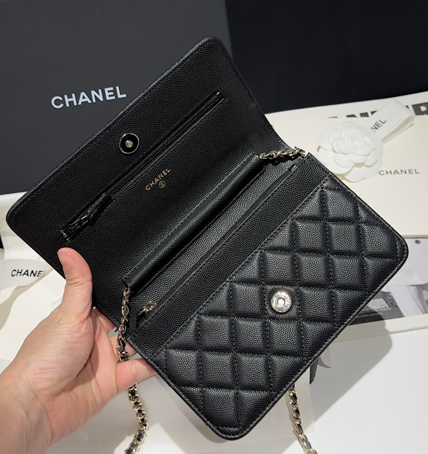 Diamond Black Caviar Leather Wallet On Chain - Level 5