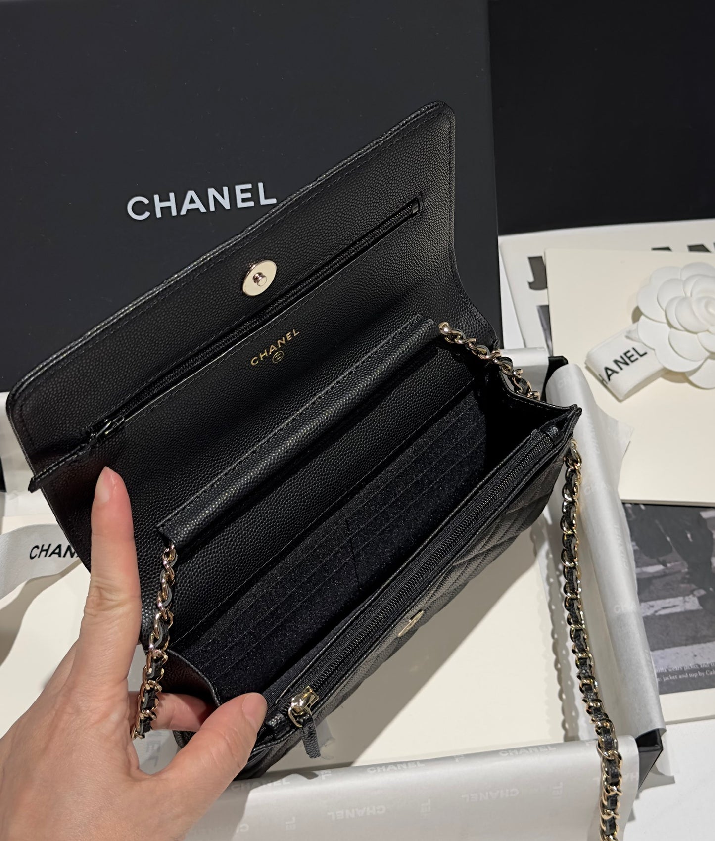 Diamond Black Caviar Leather Wallet On Chain - Level 5