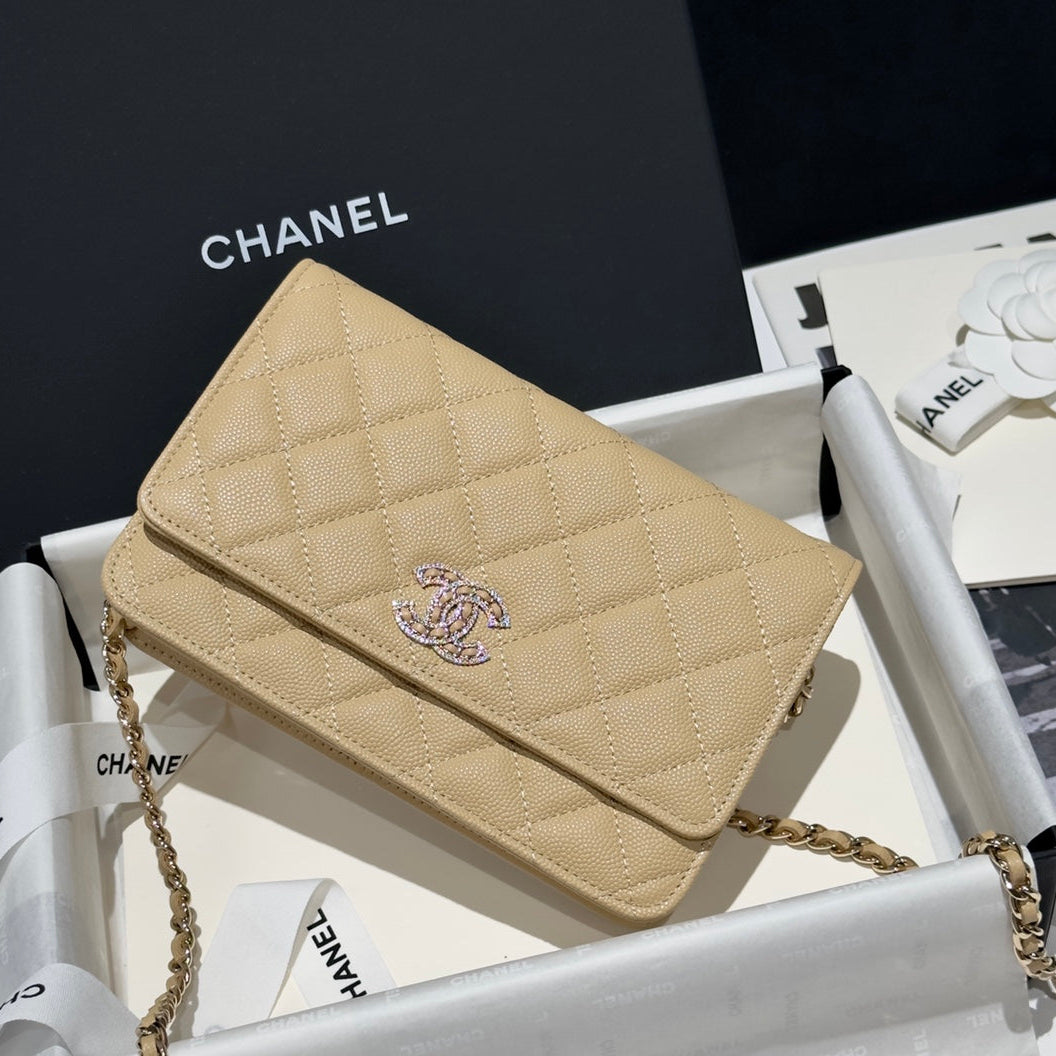 Diamond Beige Caviar Leather Wallet On Chain - Level 5