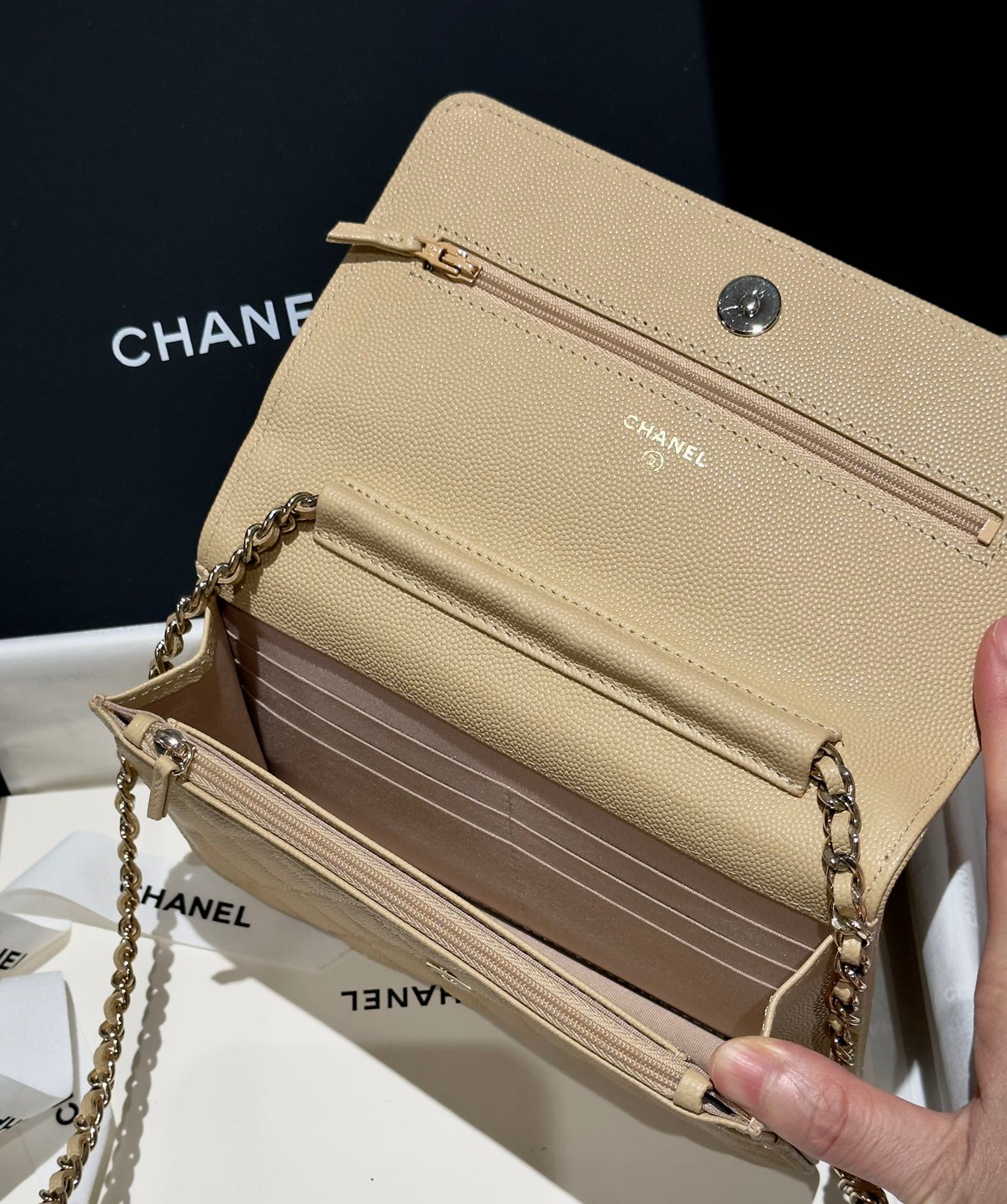 Diamond Beige Caviar Leather Wallet On Chain - Level 5