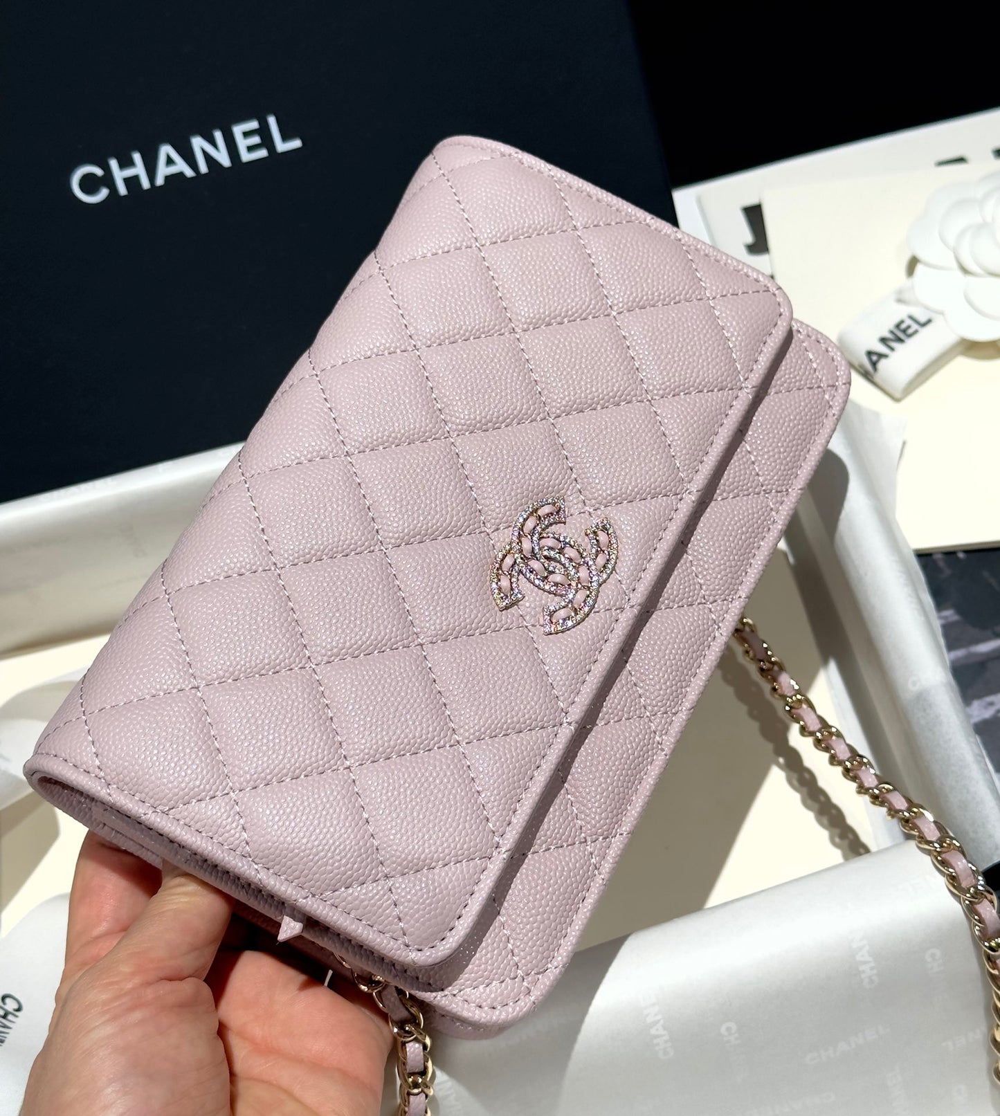 Diamond Pink Caviar Leather Wallet On Chain - Level 5