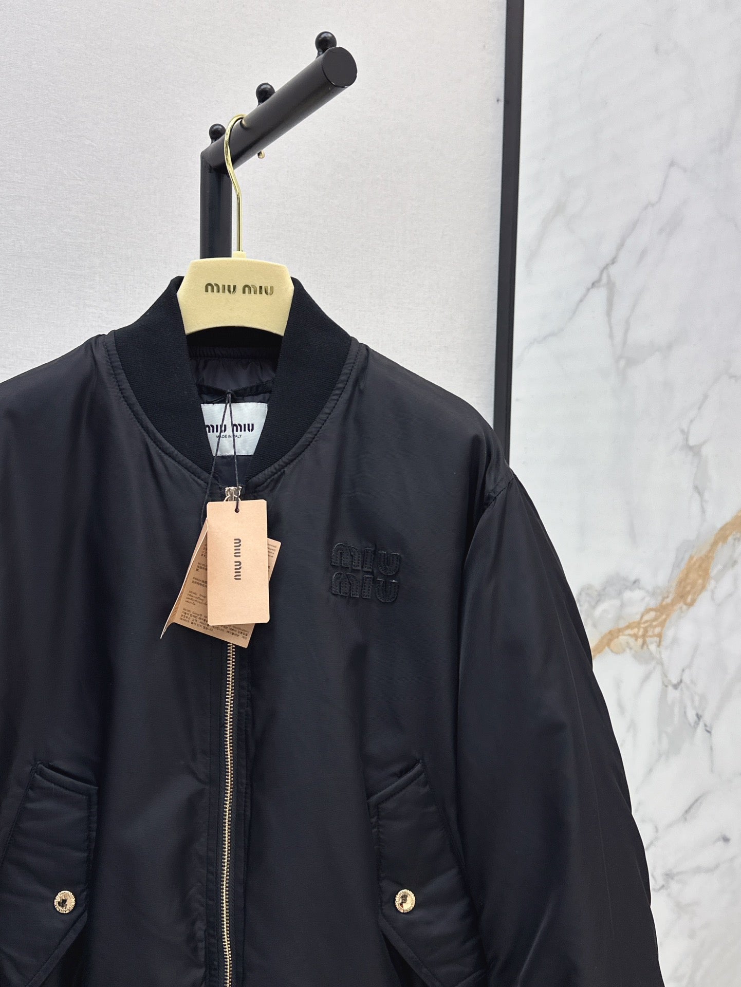 Black Nylon Bomber Zip-Up Jacket