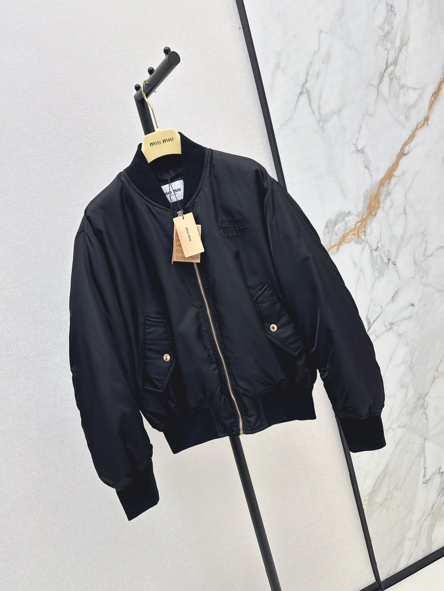 Black Nylon Bomber Zip-Up Jacket