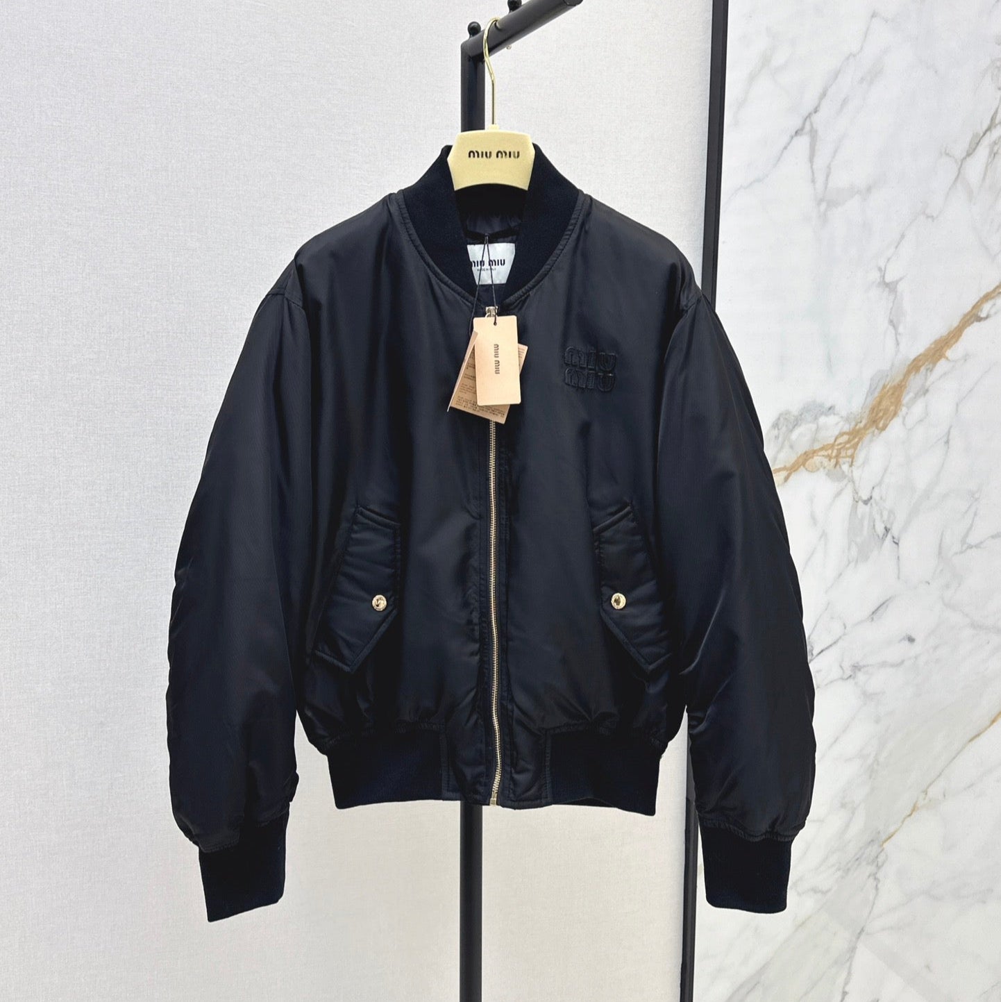 Black Nylon Bomber Zip-Up Jacket