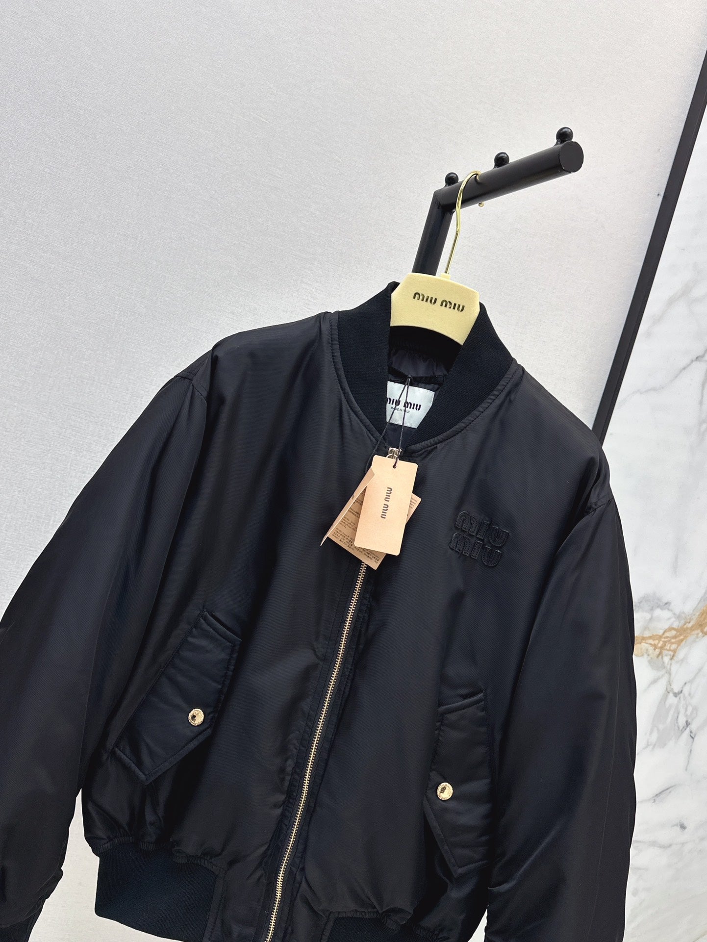 Black Nylon Bomber Zip-Up Jacket