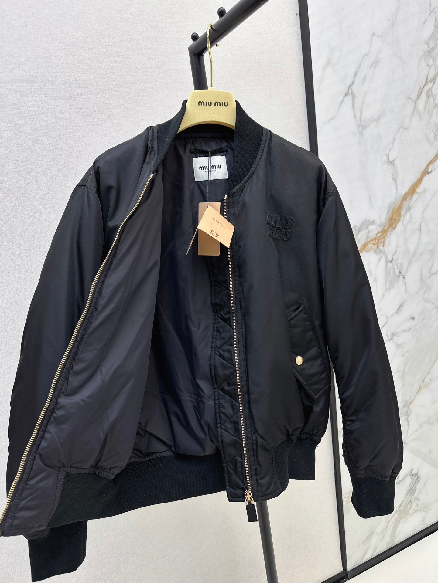 Black Nylon Bomber Zip-Up Jacket