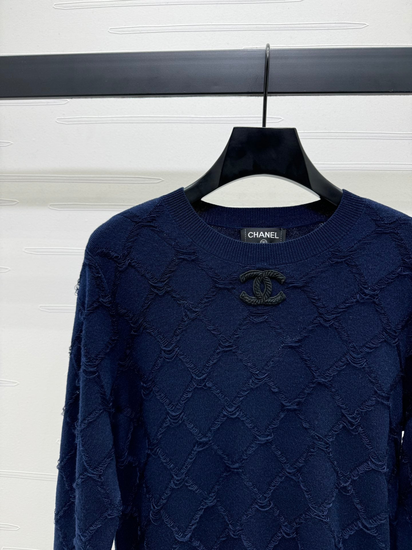 Navy Blue Cashmere Wool Quilted Knit Sweater