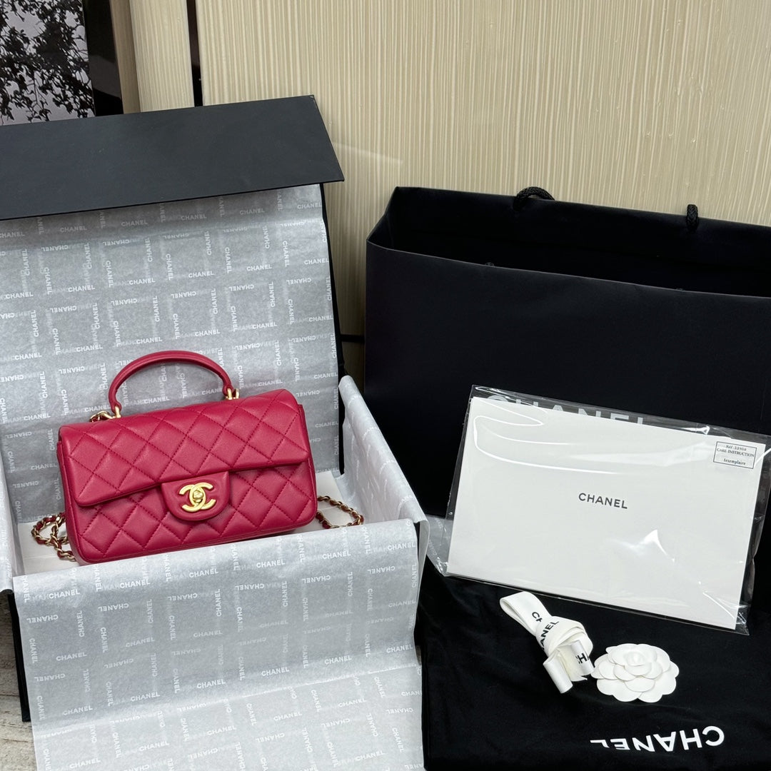 Rose Red Lambskin Top Handle Mini Flap Bag CNL - Level X