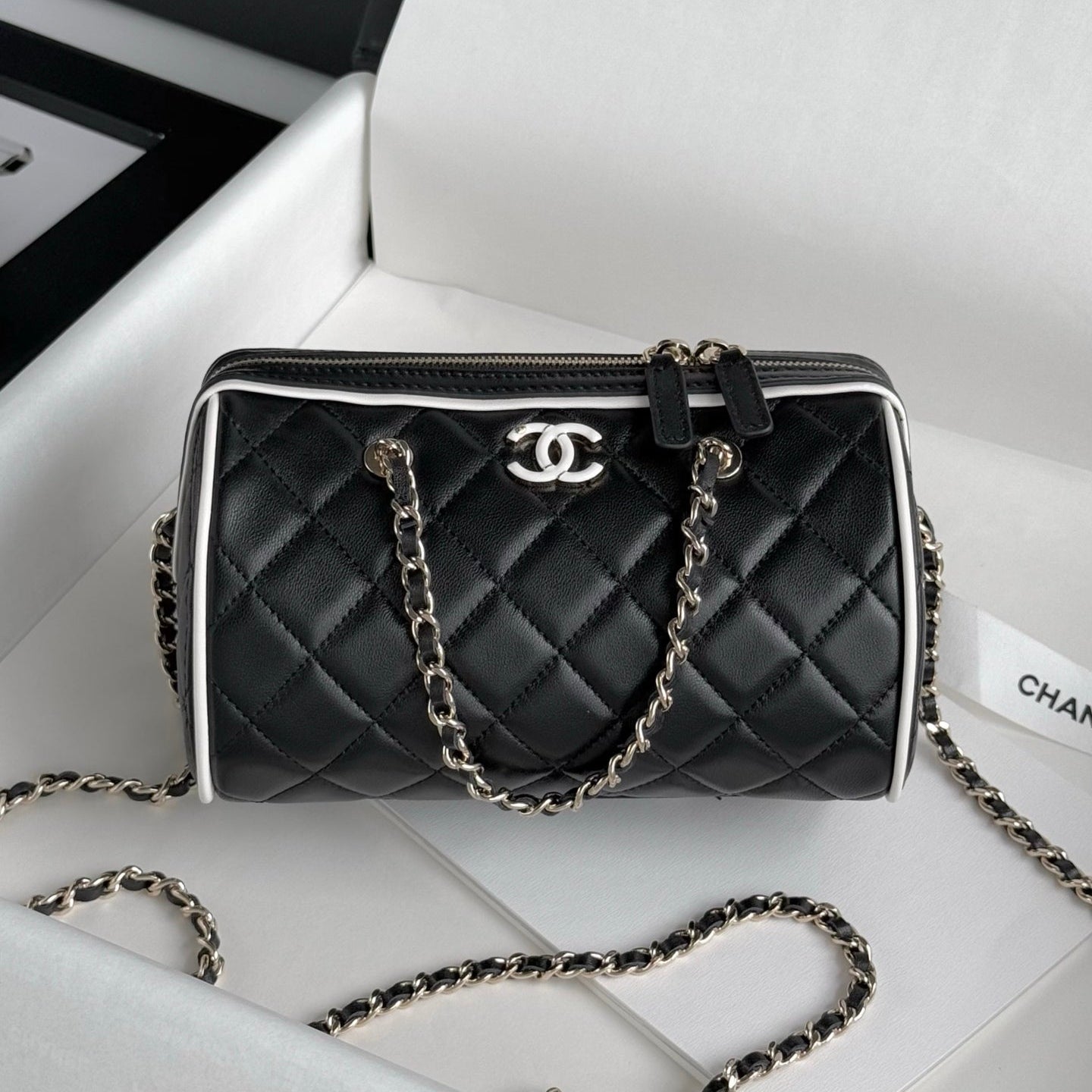Black & White Lambskin Leather Mini Boston Bag - Level 5