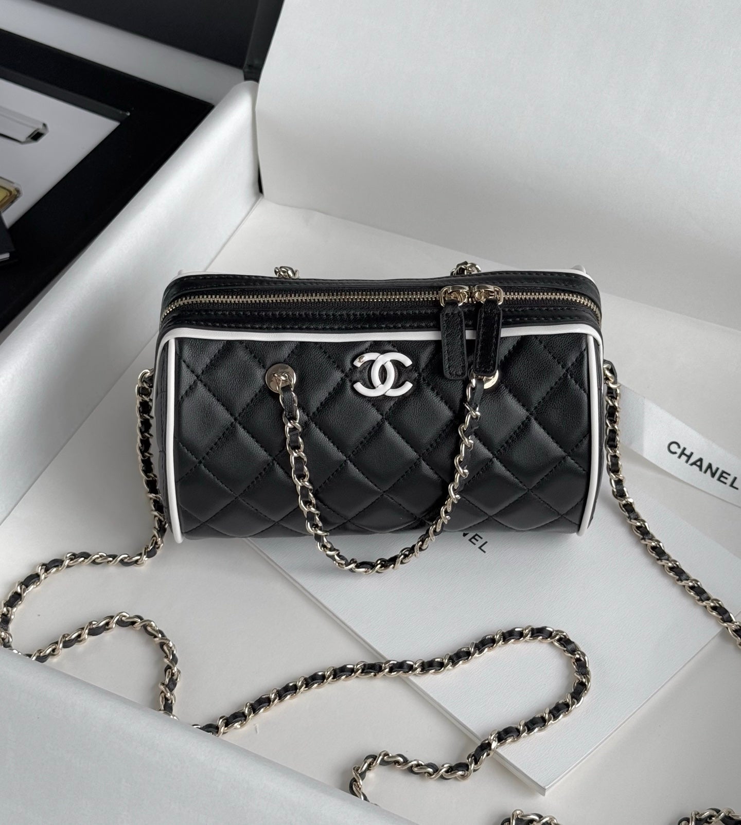 Black & White Lambskin Leather Mini Boston Bag - Level 5