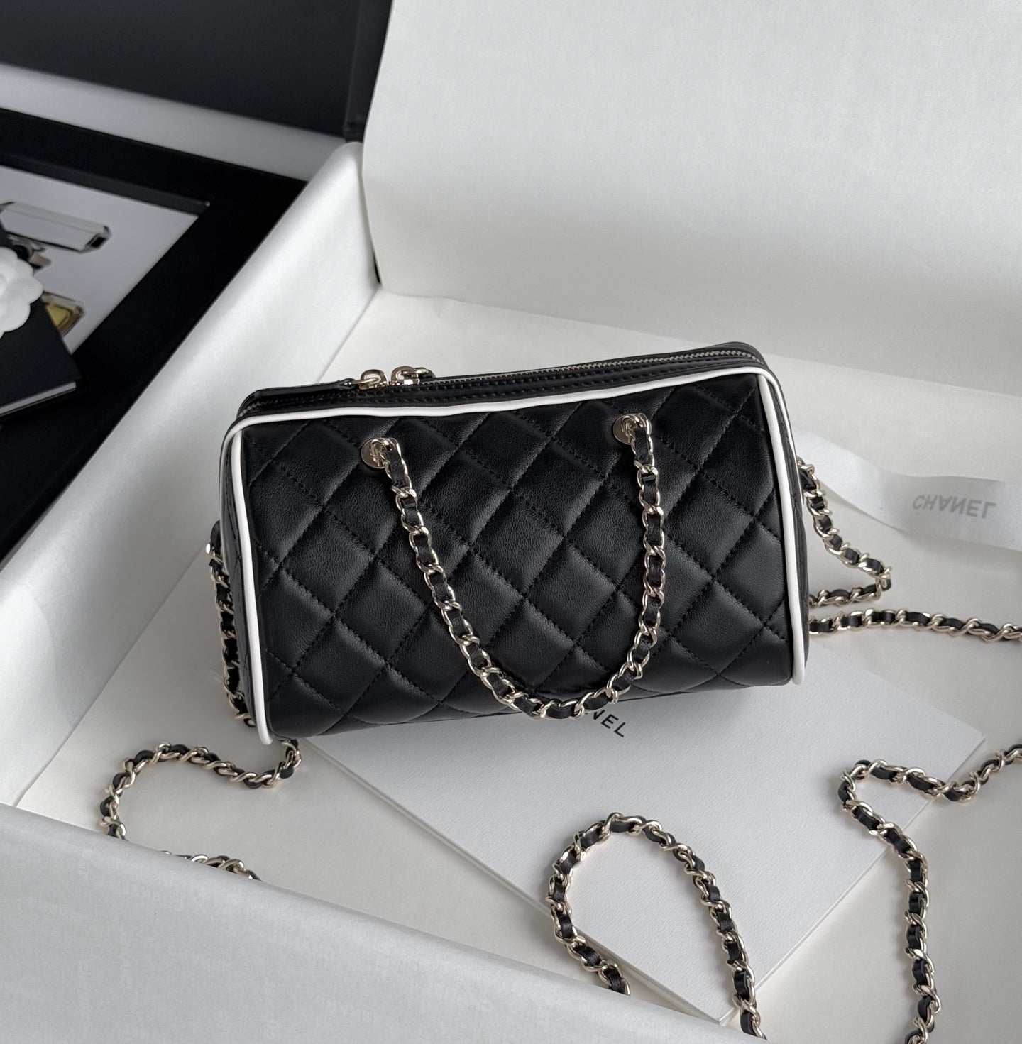 Black & White Lambskin Leather Mini Boston Bag - Level 5