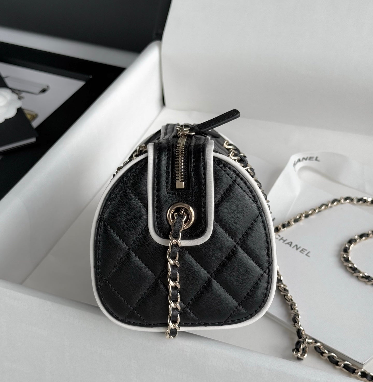 Black & White Lambskin Leather Mini Boston Bag - Level 5