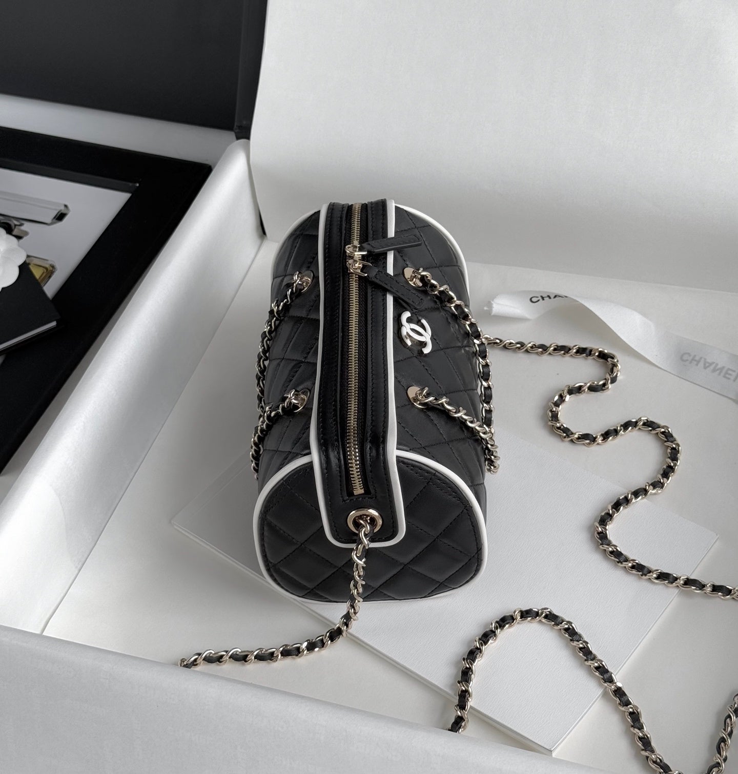 Black & White Lambskin Leather Mini Boston Bag - Level 5