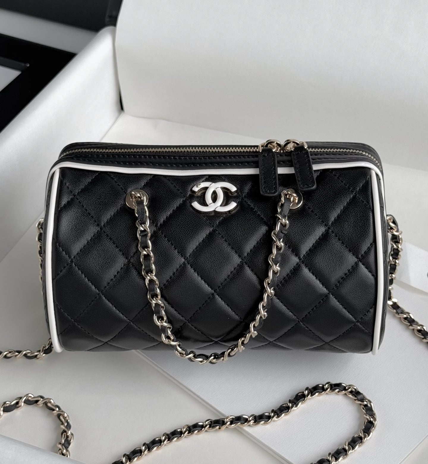 Black & White Lambskin Leather Mini Boston Bag - Level 5