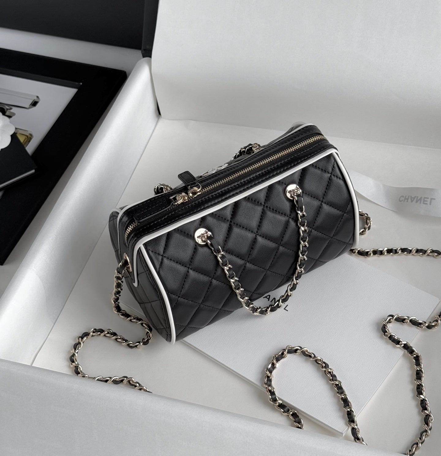 Black & White Lambskin Leather Mini Boston Bag - Level 5