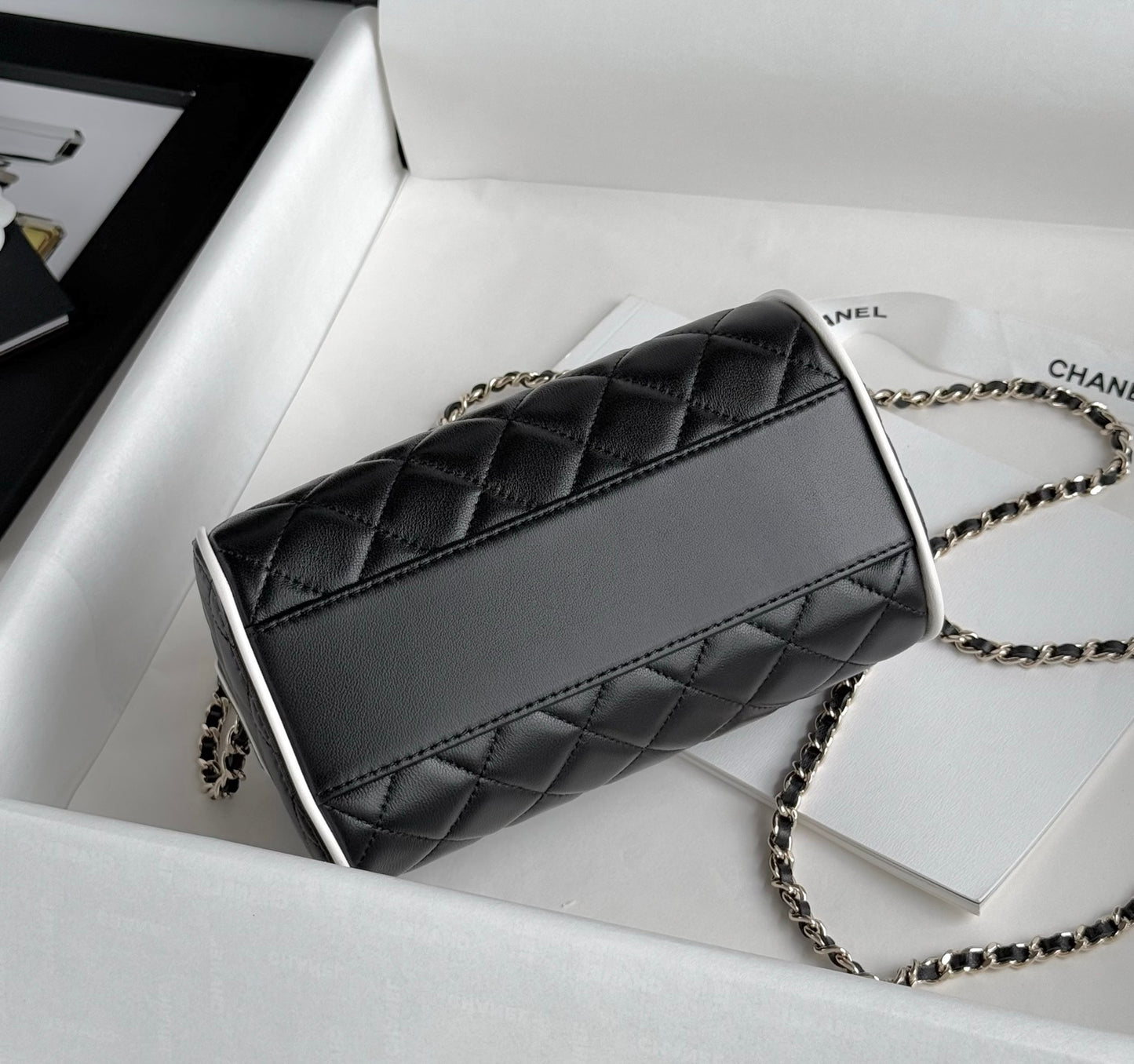 Black & White Lambskin Leather Mini Boston Bag - Level 5