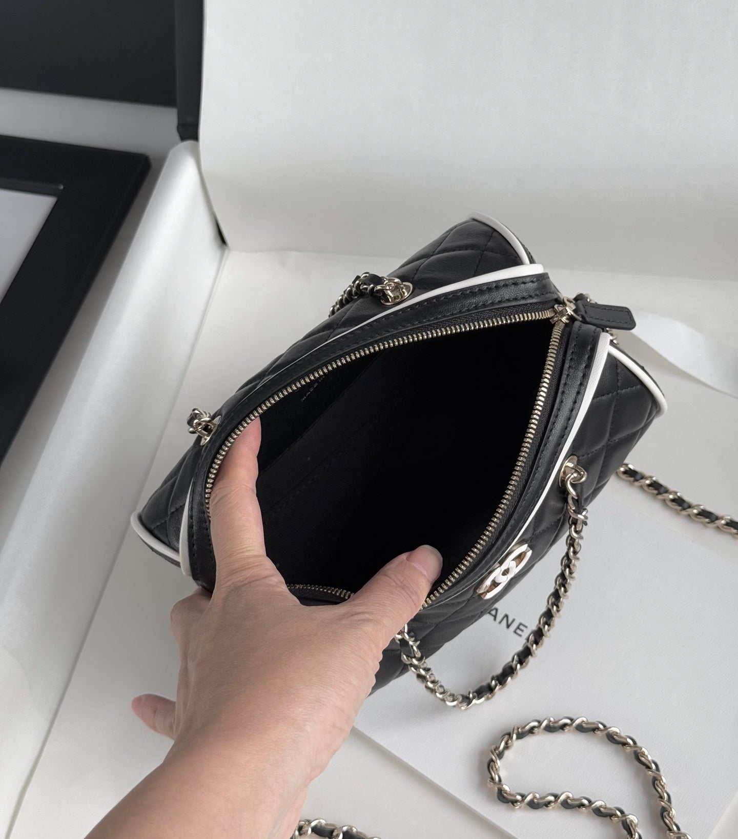 Black & White Lambskin Leather Mini Boston Bag - Level 5