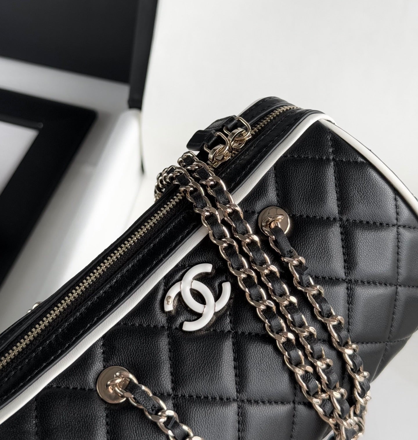 Black & White Lambskin Leather Mini Boston Bag - Level 5