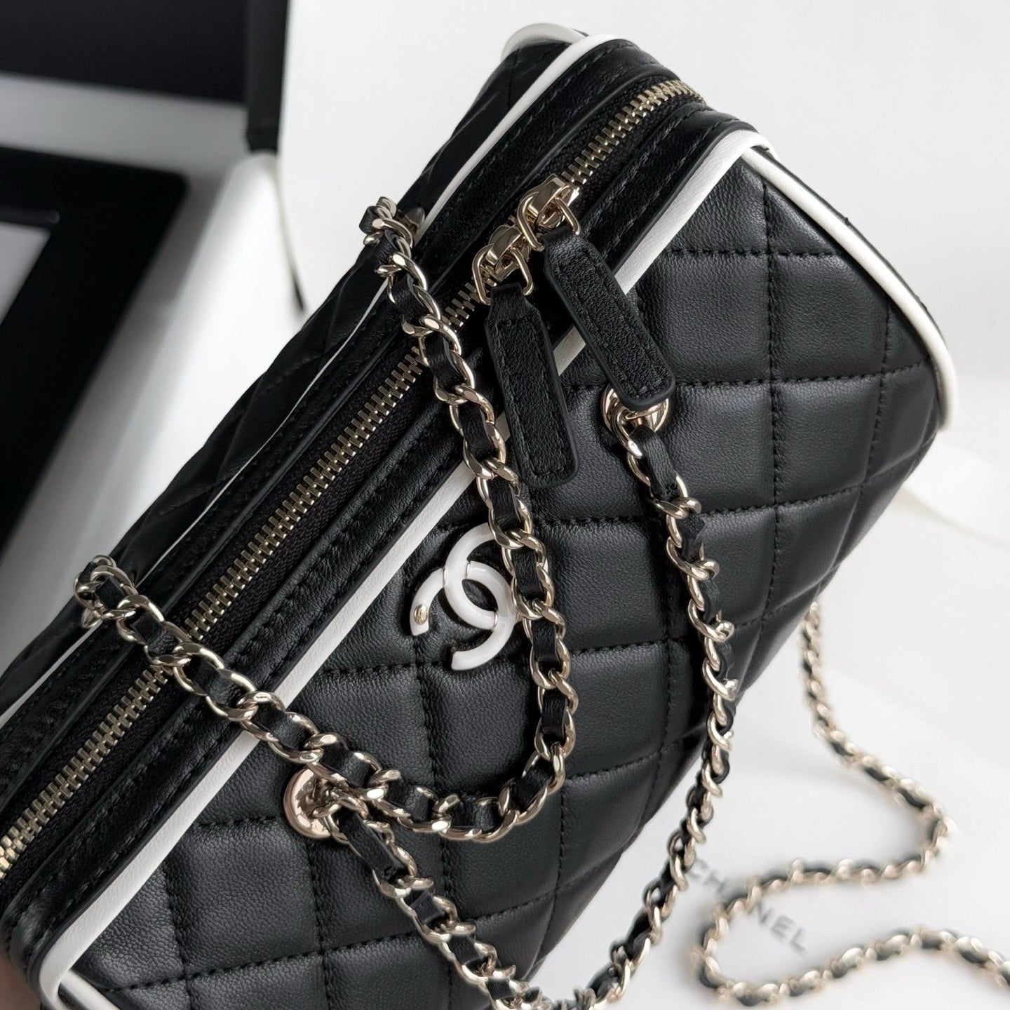 Black & White Lambskin Leather Mini Boston Bag - Level 5