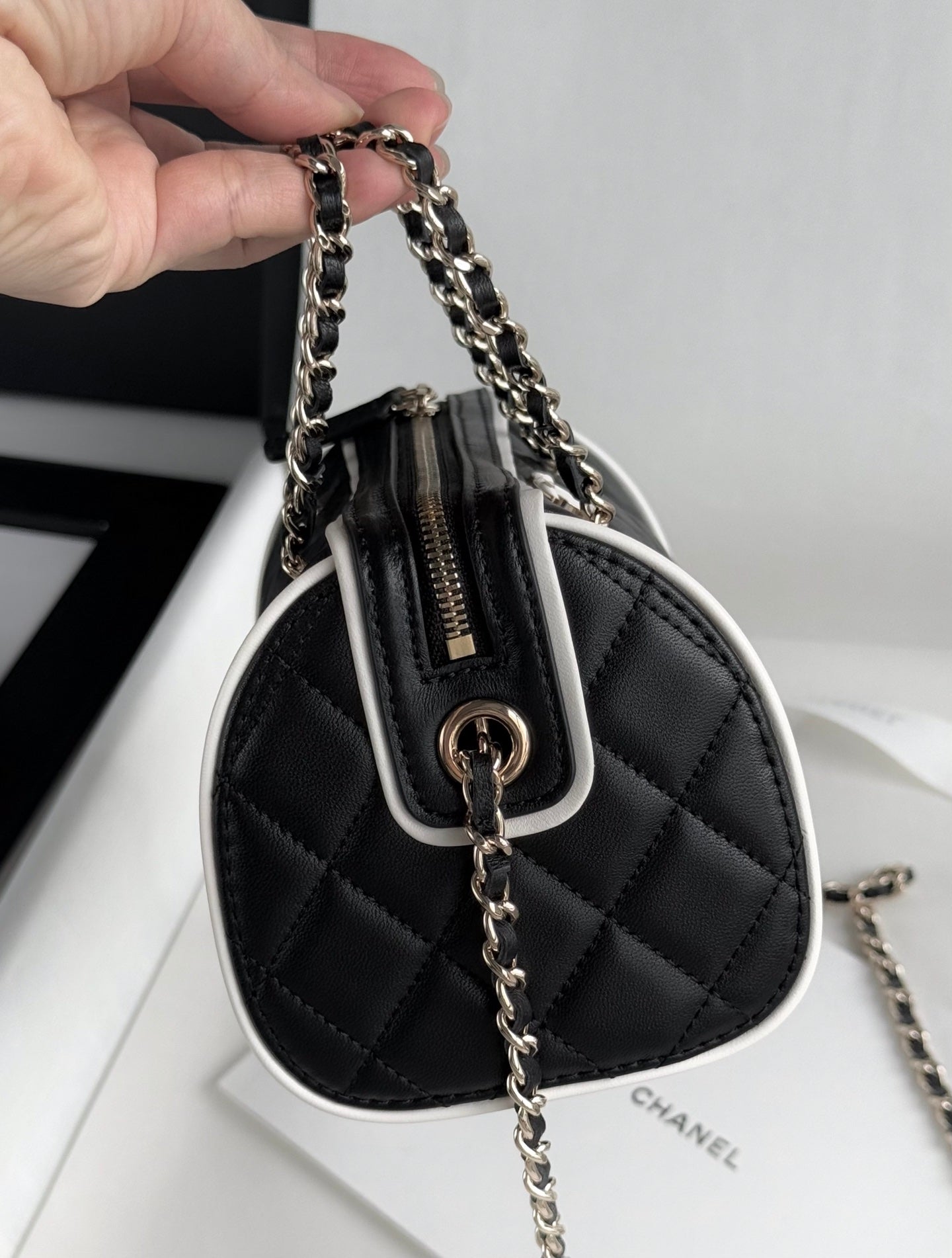 Black & White Lambskin Leather Mini Boston Bag - Level 5