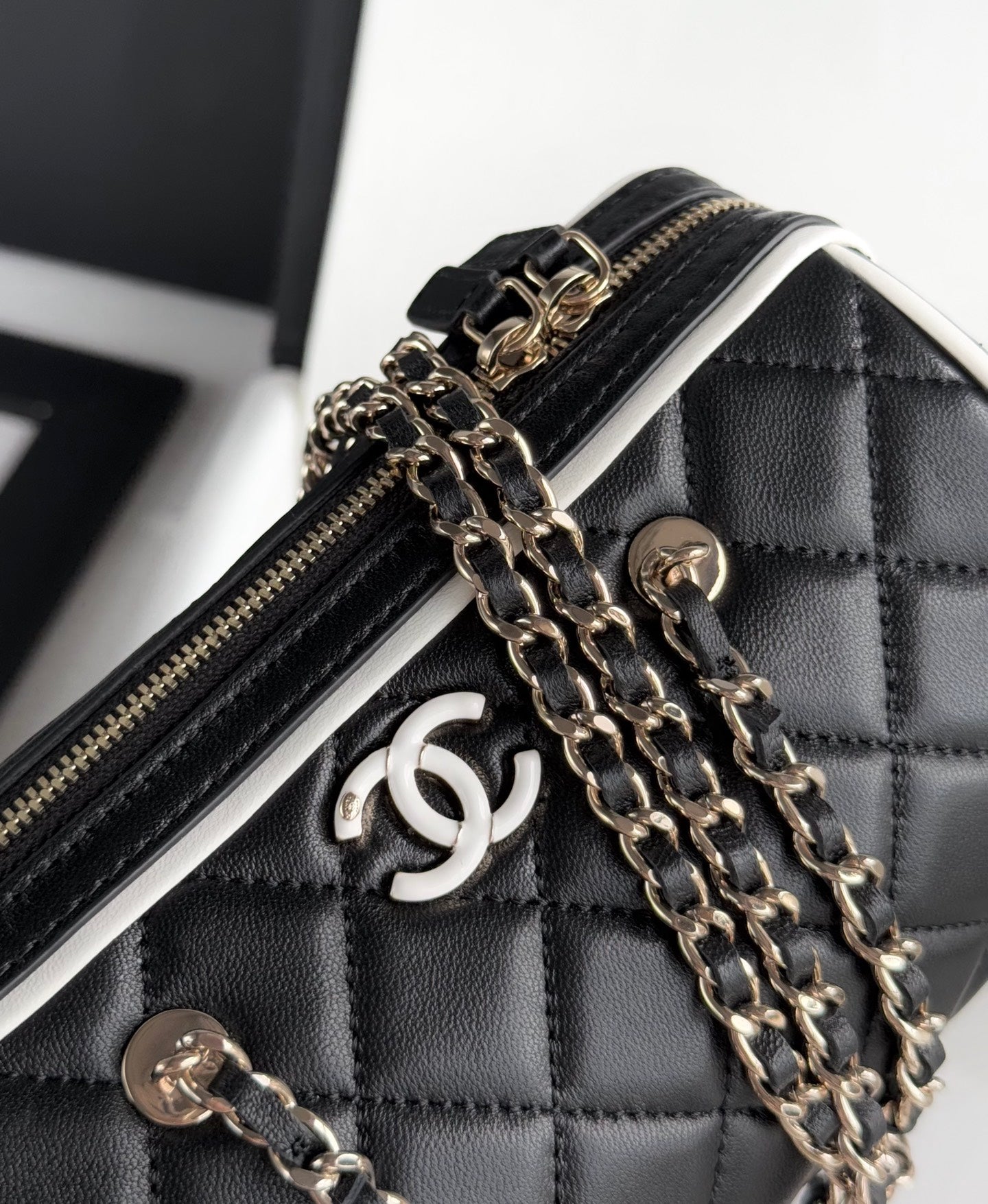 Black & White Lambskin Leather Mini Boston Bag - Level 5