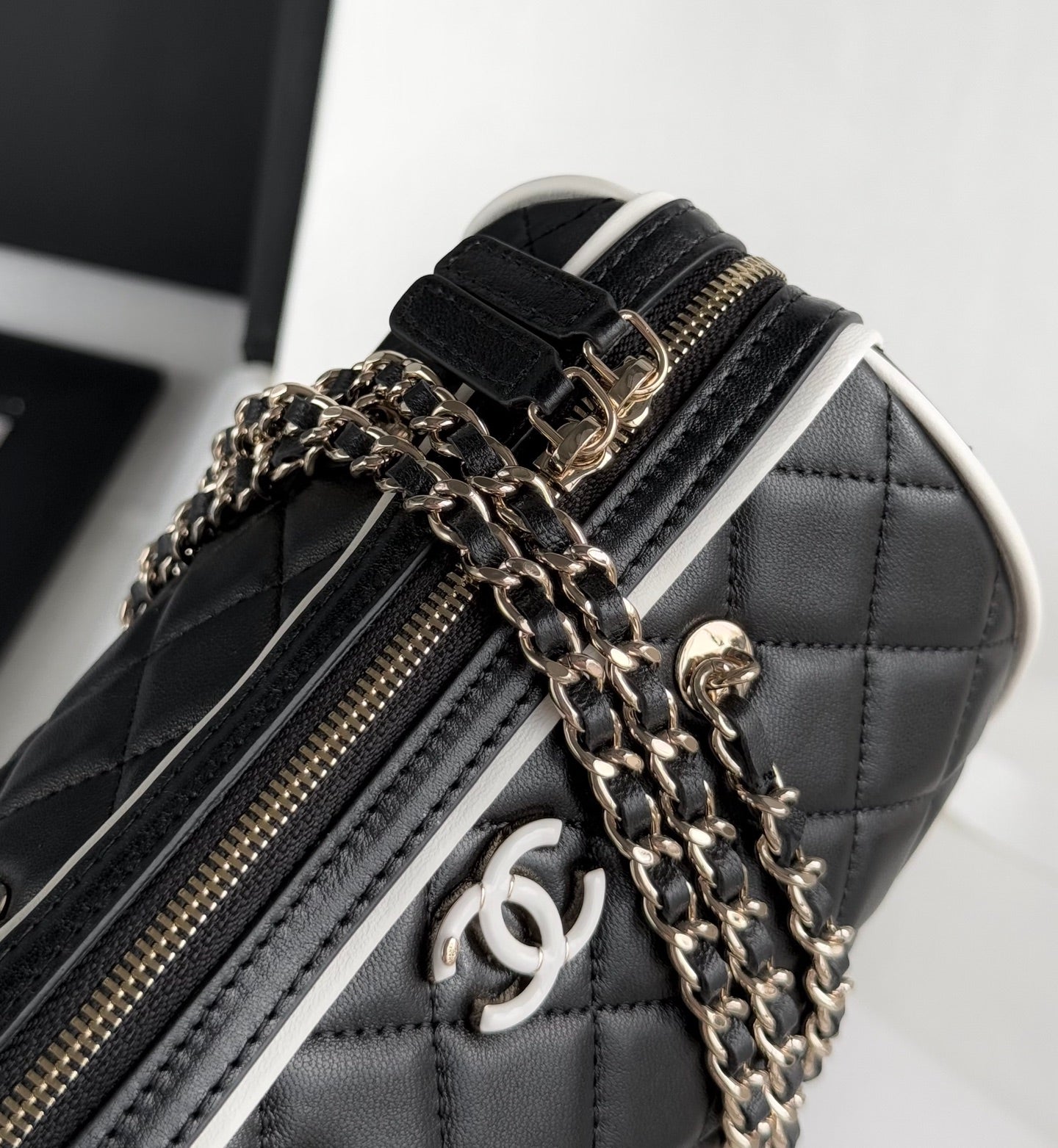 Black & White Lambskin Leather Mini Boston Bag - Level 5