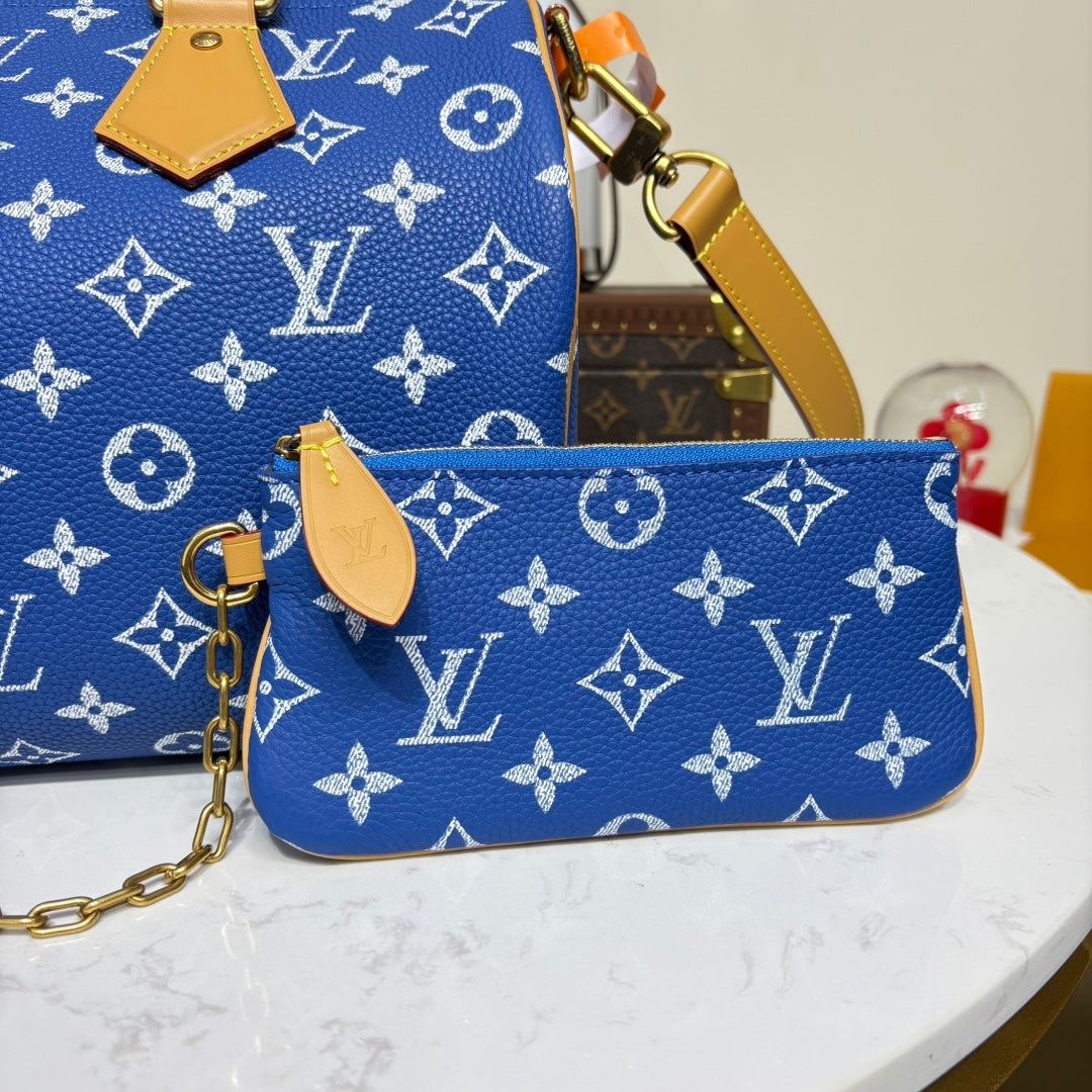 P9 Speedy 30 Bandouliere Navy Blue Leather - Level 5
