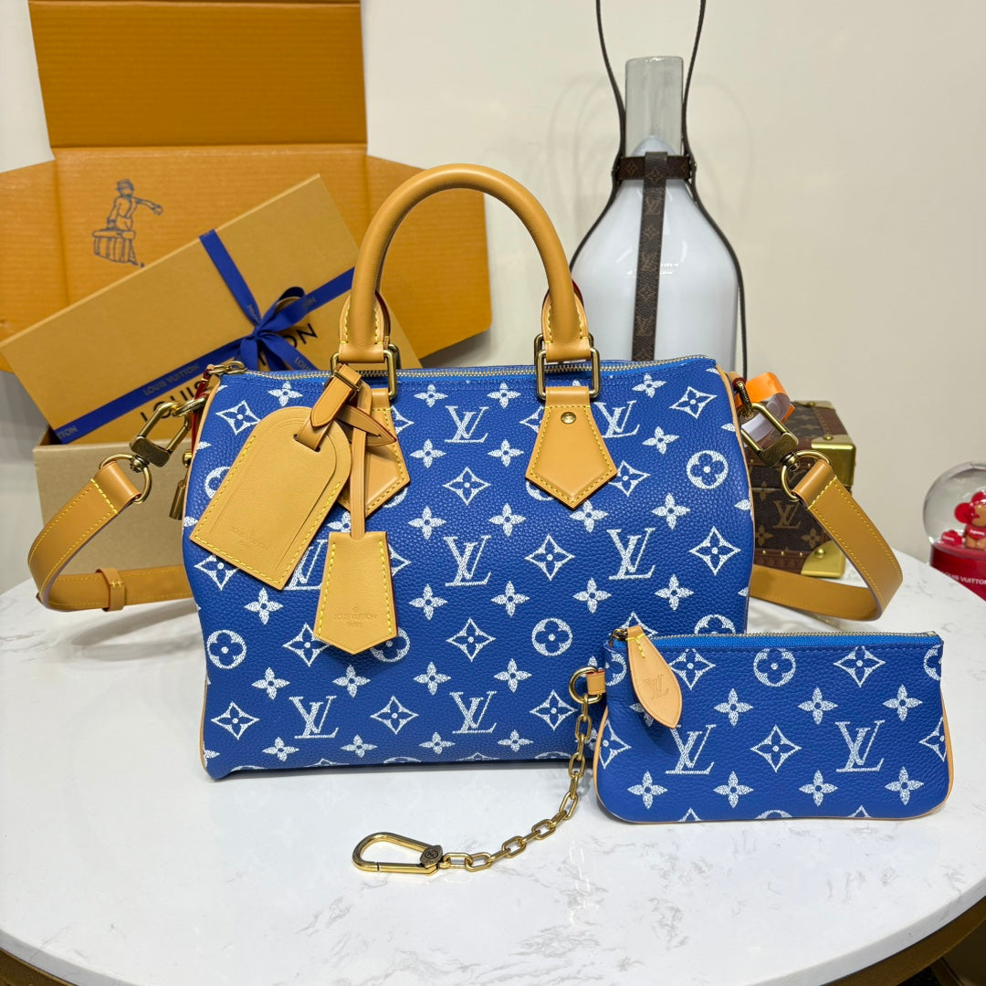 P9 Speedy 30 Bandouliere Navy Blue Leather - Level 5