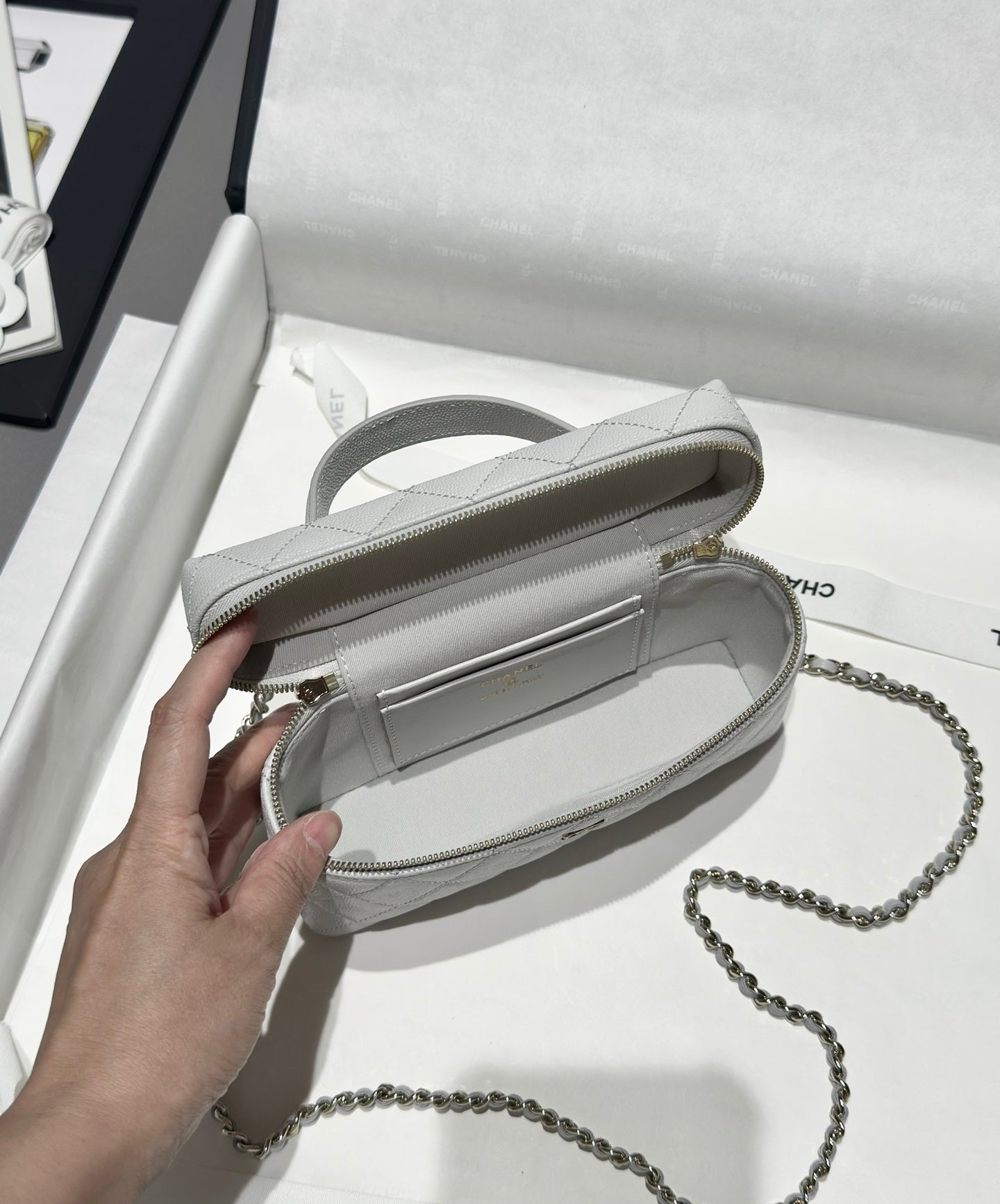 Light Grey Caviar Leather Top Handle Vanity Bag - Level 5