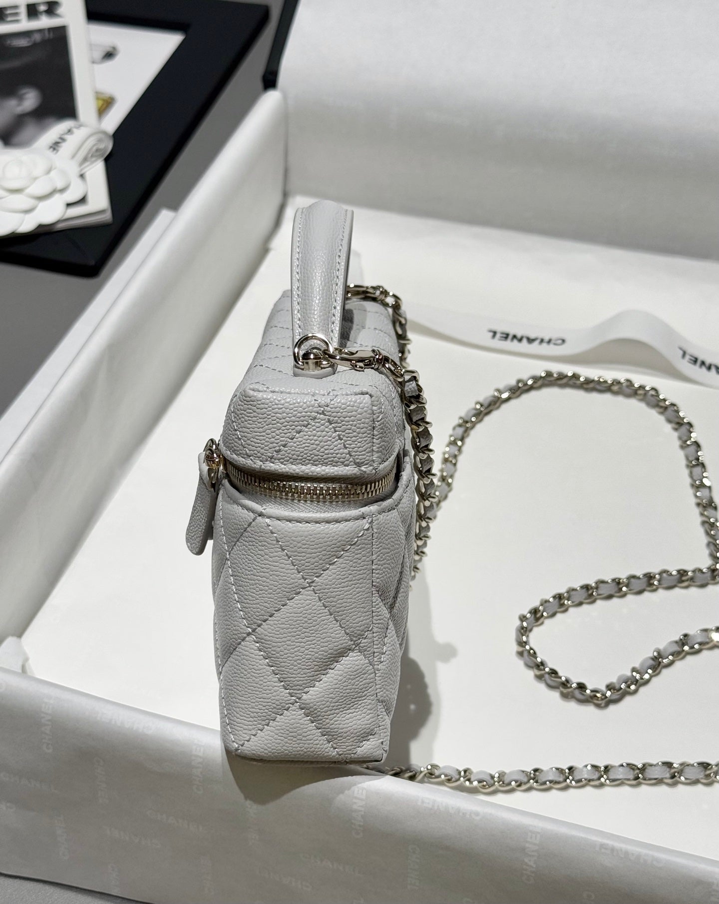 Light Grey Caviar Leather Top Handle Vanity Bag - Level 5