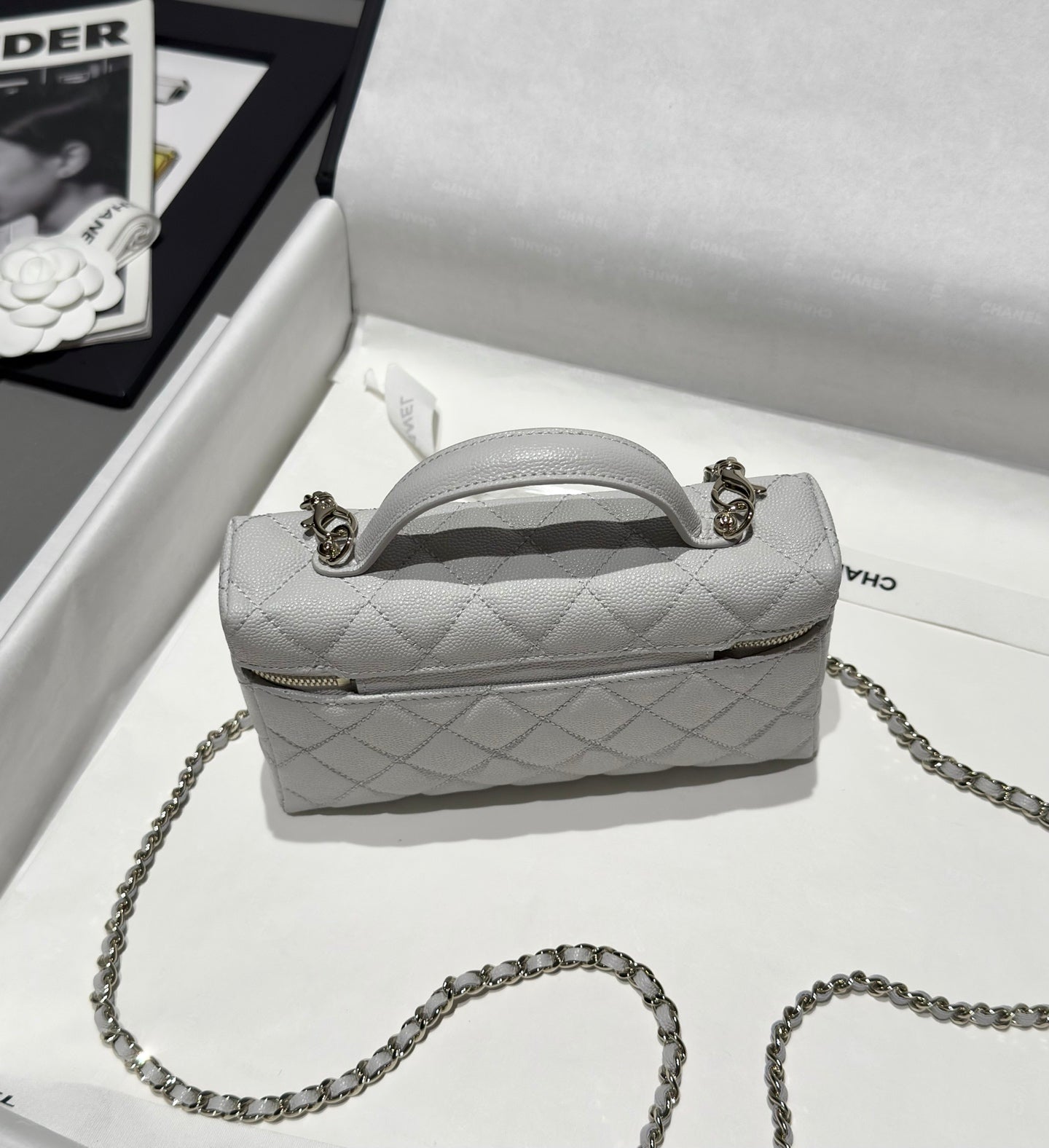 Light Grey Caviar Leather Top Handle Vanity Bag - Level 5
