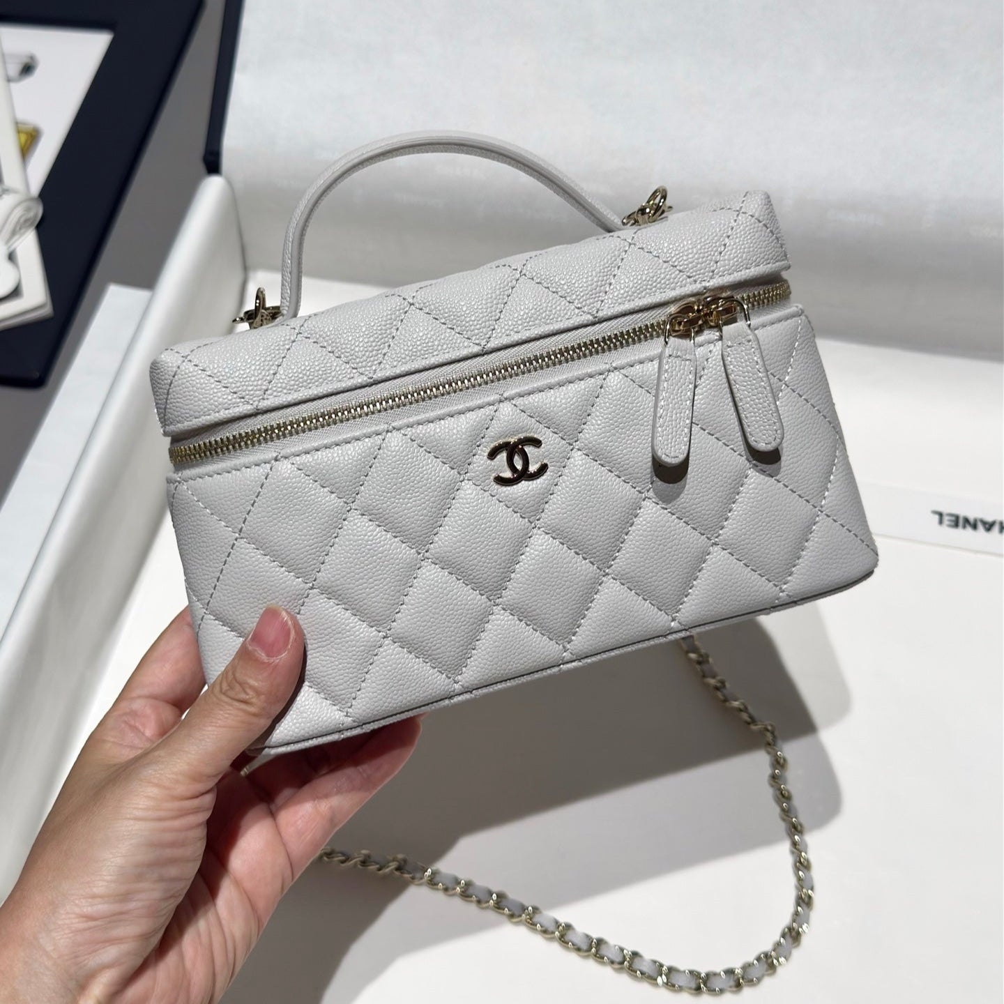 Light Grey Caviar Leather Top Handle Vanity Bag - Level 5