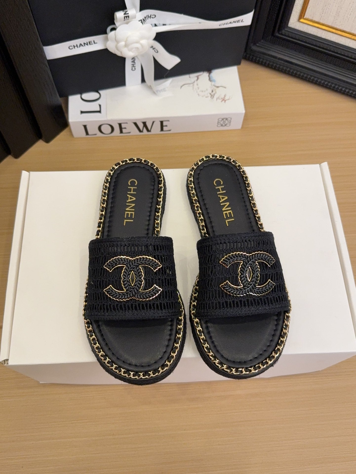 Black Gold Chain Braided Slides