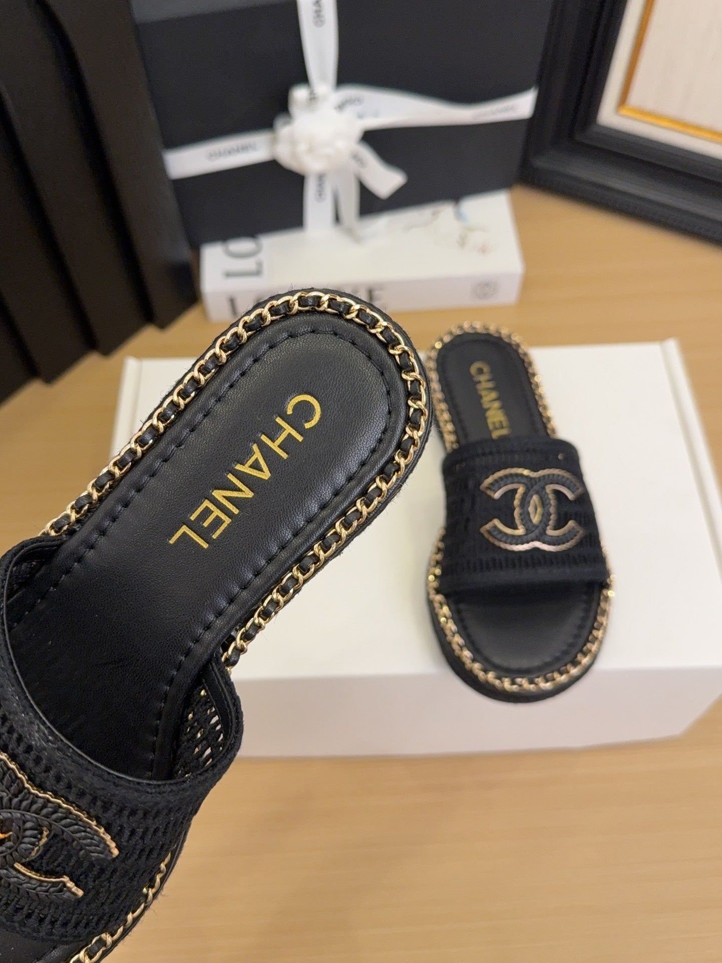 Black Gold Chain Braided Slides