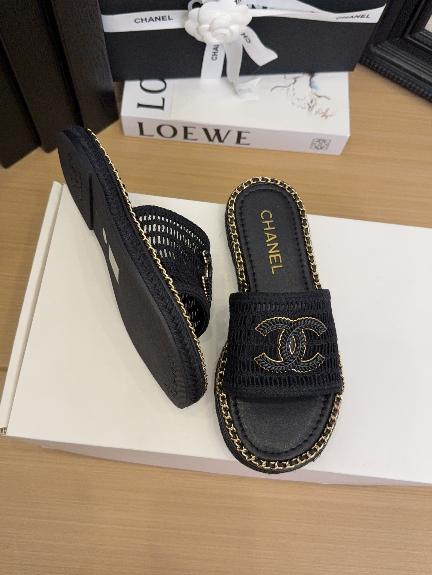 Black Gold Chain Braided Slides
