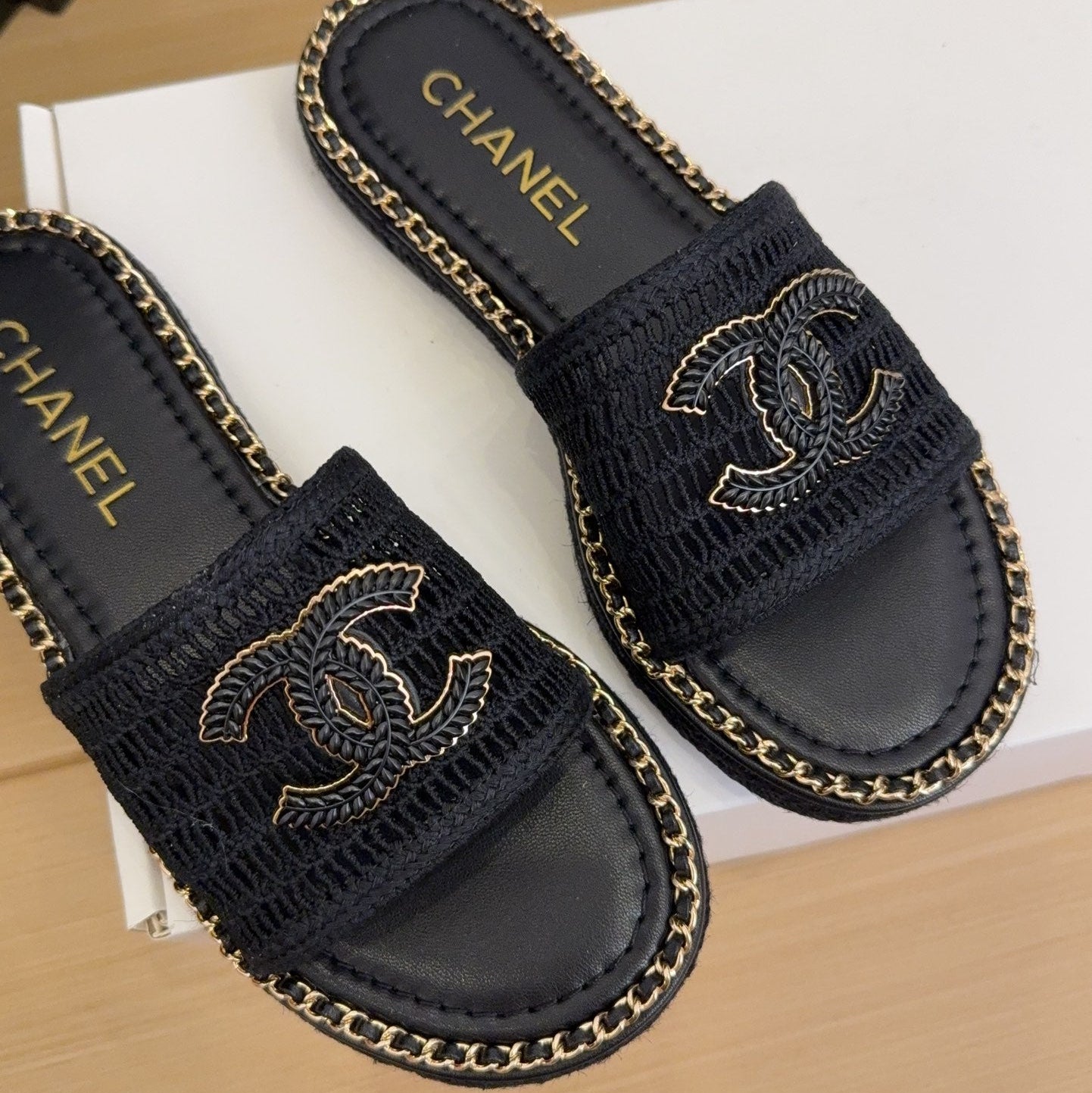 Black Gold Chain Braided Slides