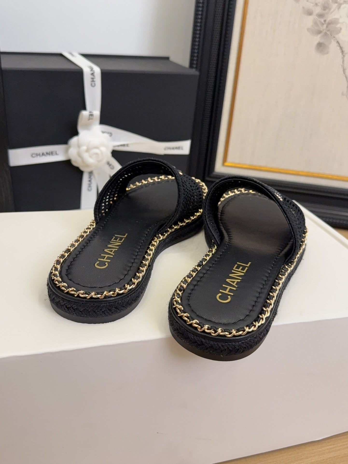 Black Gold Chain Braided Slides