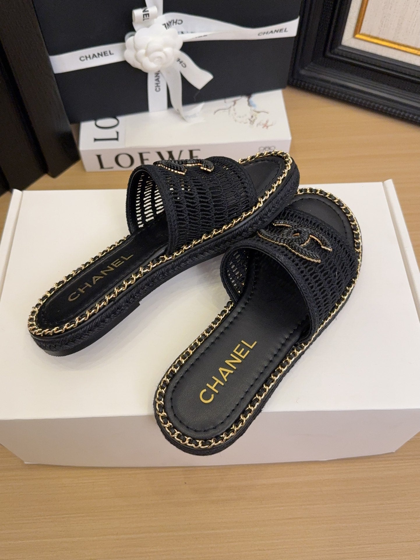 Black Gold Chain Braided Slides