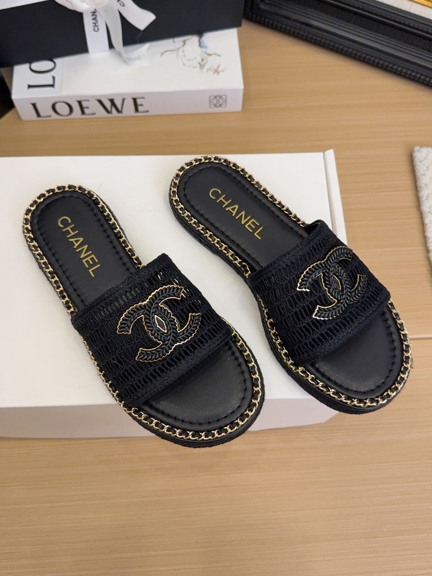 Black Gold Chain Braided Slides