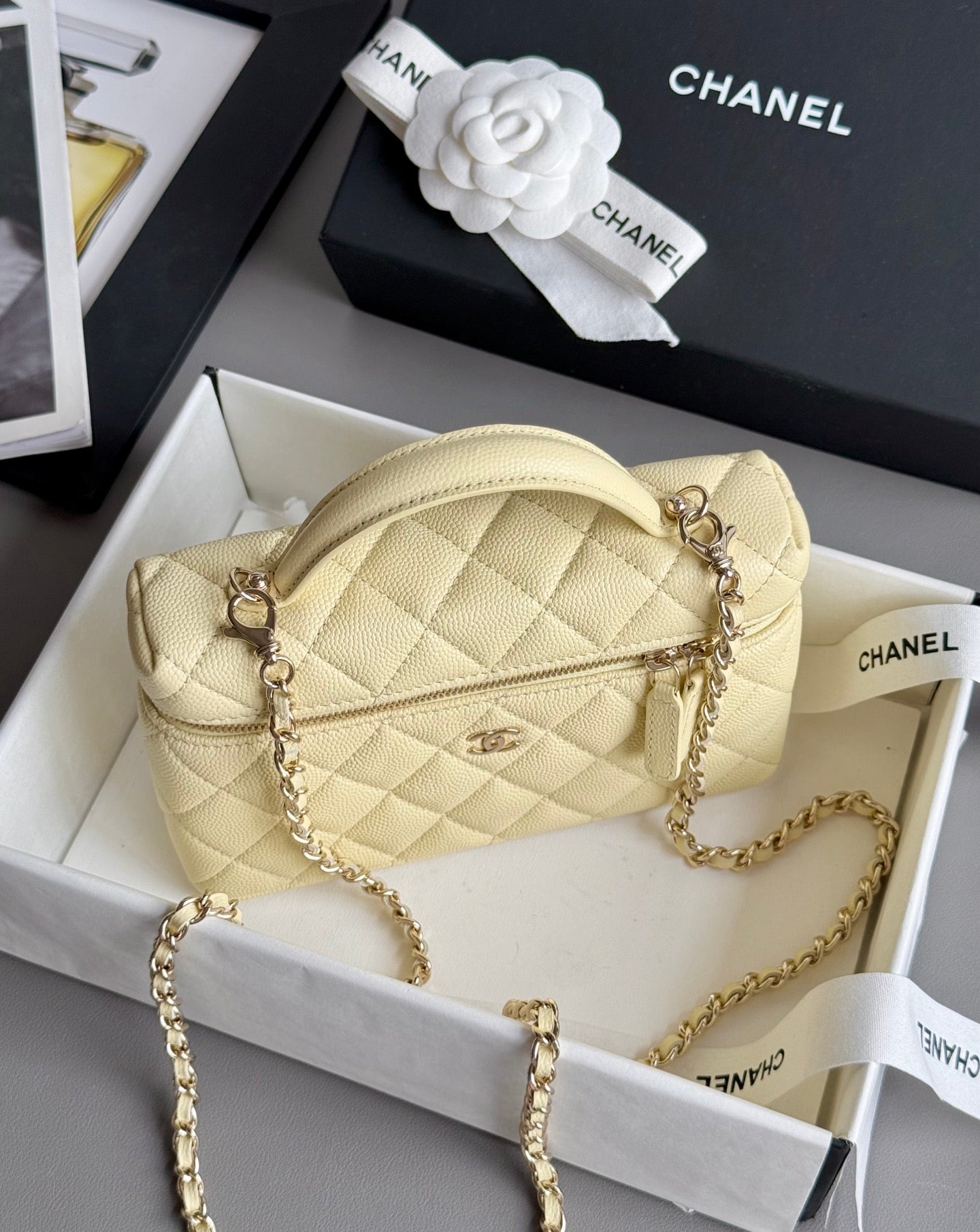 Yellow Caviar Leather Top Handle Vanity Bag - Level 5